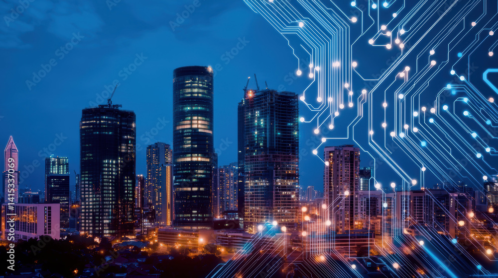 Poster futuristic city skyline with glowing data flow and circuit patterns, showcasing modern architecture 