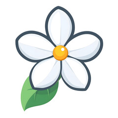 flat vector jasmine flower with five white petals and a yellow dot center minimal modern floral icon with green leaf white background