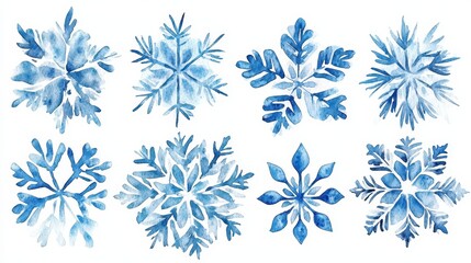 Eight watercolor snowflakes in blue hues are set on a white background. Use it for winter themed cards or your holiday invitations project.
