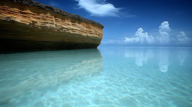 Layered rock formation by still clear water under a blue sky with fluffy clouds creates a serene and picturesque seasc