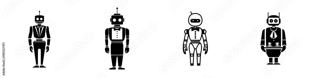 Poster robots in various designs showcasing different styles and outfits in a creative vector illustration