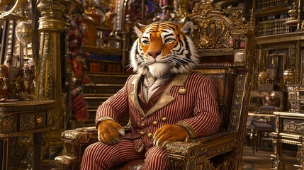 Tiger in a red pinstripe suit sits regally on a gold throne within a richly decorated, antique library
