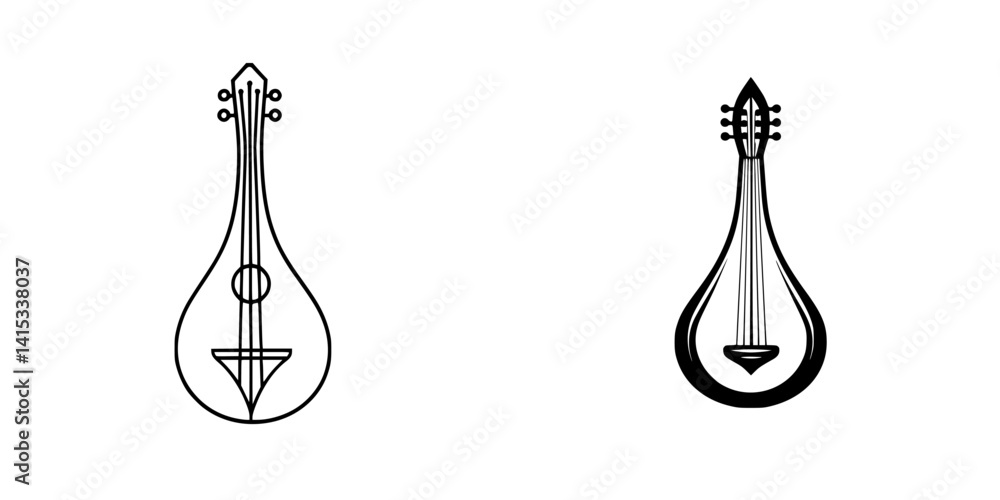 Poster vector illustration icons of two different mandolin designs showcasing unique shapes and string patt