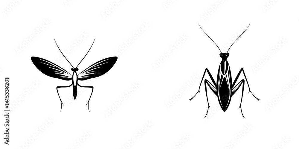 Poster vector illustration of two distinct styles of mantis icons featuring detailed line work in a minimal