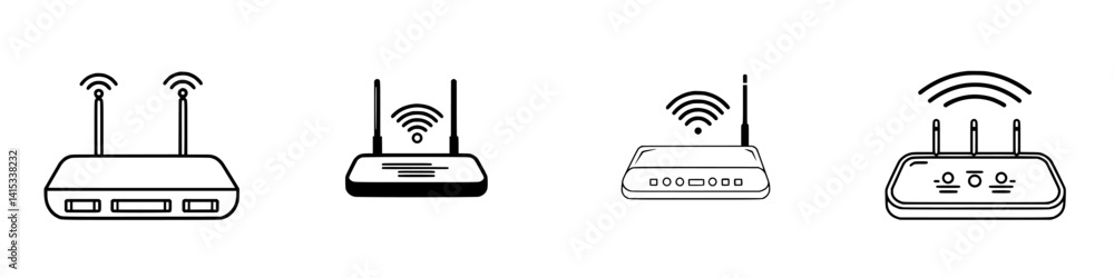 Poster multiple vector illustration icons showcasing different types of wireless routers in a minimalist st