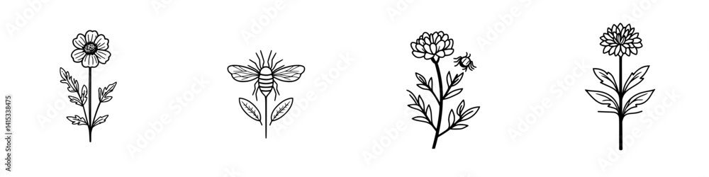 Poster botanical vector illustrations featuring flowers and bees in a minimalist design suitable for variou