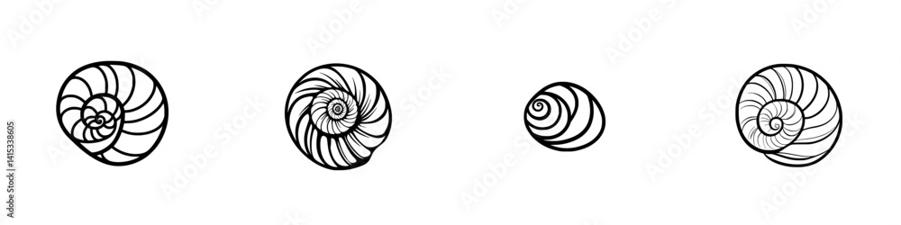 Poster vector illustration of various spiral shells showcasing unique patterns and shapes in a clean, minim