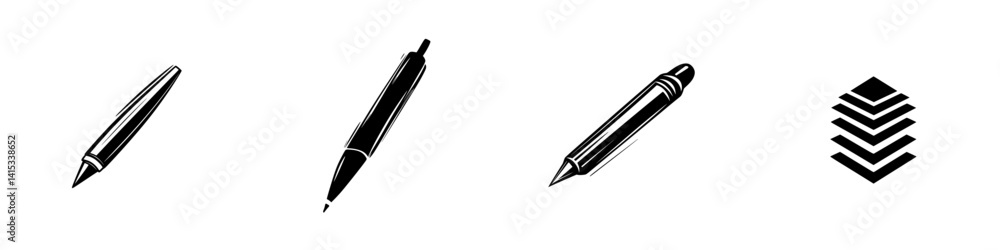 Poster vector illustration icons of various pens and a stacked shape for creative design elements and graph