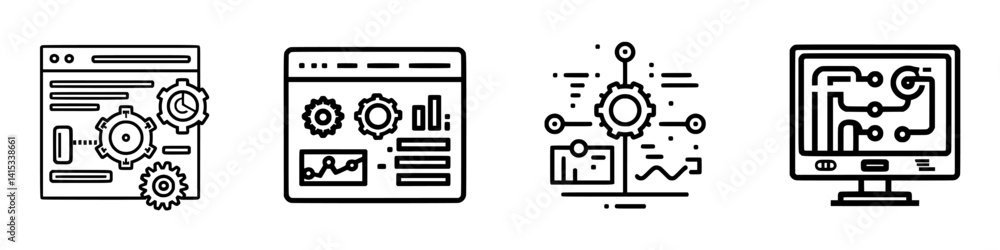 Poster vector illustration icons depicting website design and development process with gears and graphs