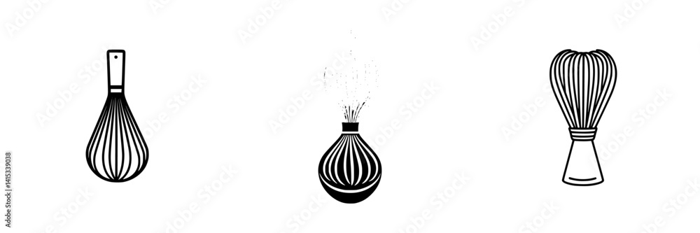 Poster vector illustration of three unique kitchen whisks displaying different designs and styles for culin