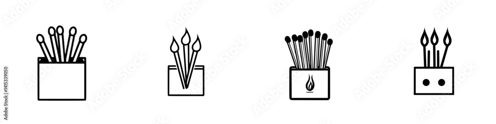 Poster illustration of various matchstick box designs with differing arrangements and styles in a simple, m