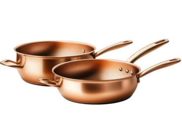 Elegant copper cookware set gleaming pans perfect for gourmet cooking stylish kitchen essentials enhancing culinary experiences Rose gold on transparent background