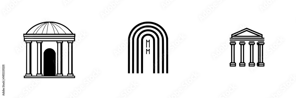 Poster vector illustration icons depicting classical architecture featuring domes, arches, and columns in a