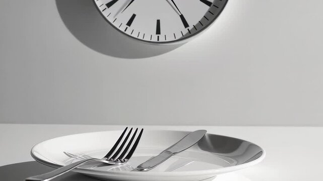 Empty white plate with cutlery and clock in the background suggesting intermittent fasting or scheduled eating as a dietary approach for health and weight management