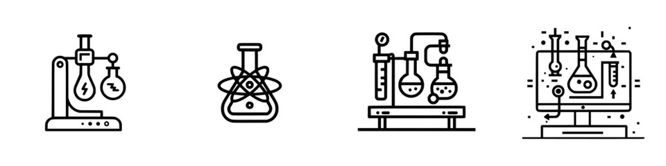 Collection of vector illustrations depicting laboratory equipment and scientific symbols in a minimalist design
