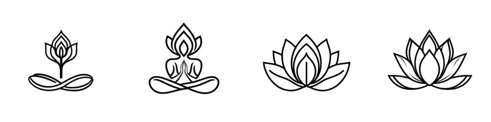 Artistic vector illustration of four distinct lotus flower designs representing serenity and mindfulness in a minimal style