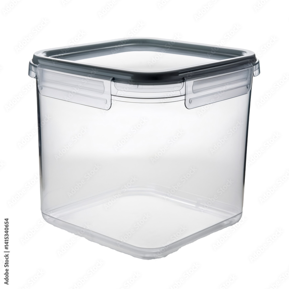 Poster transparent plastic container featuring sealed lid, standing against clear background with precise c