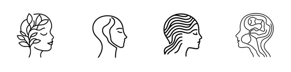 Four vector illustrations of women's profiles displaying different hairstyles and expressions representing individuality and creativity