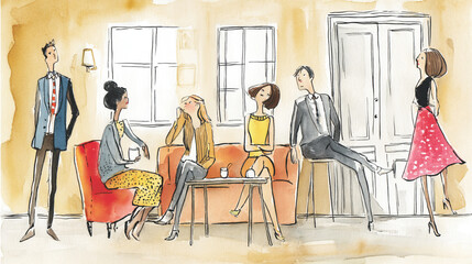 A stylish illustration of six people engaged in conversation, showcasing contemporary fashion and a cozy indoor setting.