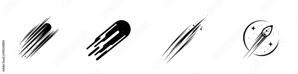 Poster dynamic vector illustrations of comets and rockets with varying motion effects against a simple back