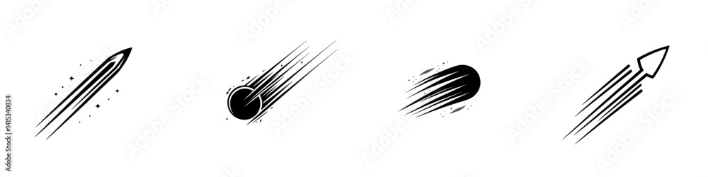 Poster vector illustration of dynamic objects in motion showcasing a comet, meteor, planet, and rocket in s