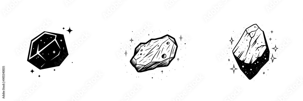 Poster unique vector illustration of different types of space rocks with stars and cosmic elements in a min