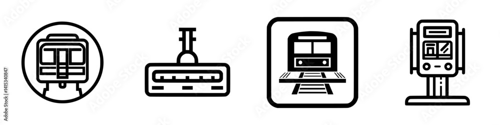 Poster various vector illustration icons representing different types of trains and transportation systems 