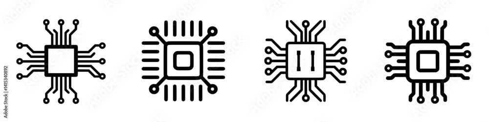 Poster four distinct microchip icons are displayed, each featuring unique designs and circuit patterns