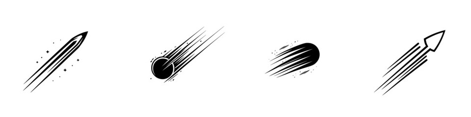 Vector illustration of dynamic objects in motion showcasing a comet, meteor, planet, and rocket in sleek black design