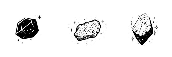 Unique vector illustration of different types of space rocks with stars and cosmic elements in a minimalistic style © neiros