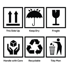 Packaging and warning icon set. Cardboard packaging sign labels. Marking the box or packaging of products. Common packaging, warning symbol set.