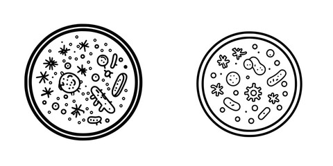 Vector illustration of diverse microscopic organisms in petri dishes illustrating microbial life and study of biology