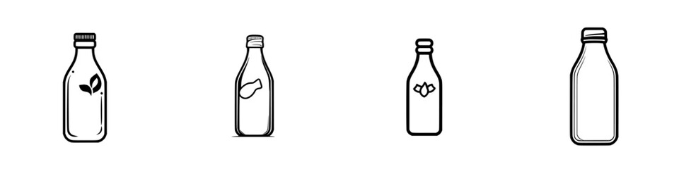 Vector illustration icons of various bottle designs showcasing different labels and shapes for product branding