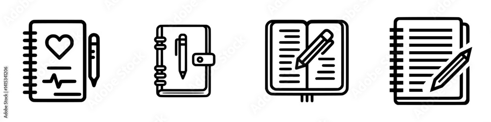 Poster vector illustration of various notebook icons representing different styles and uses for writing and