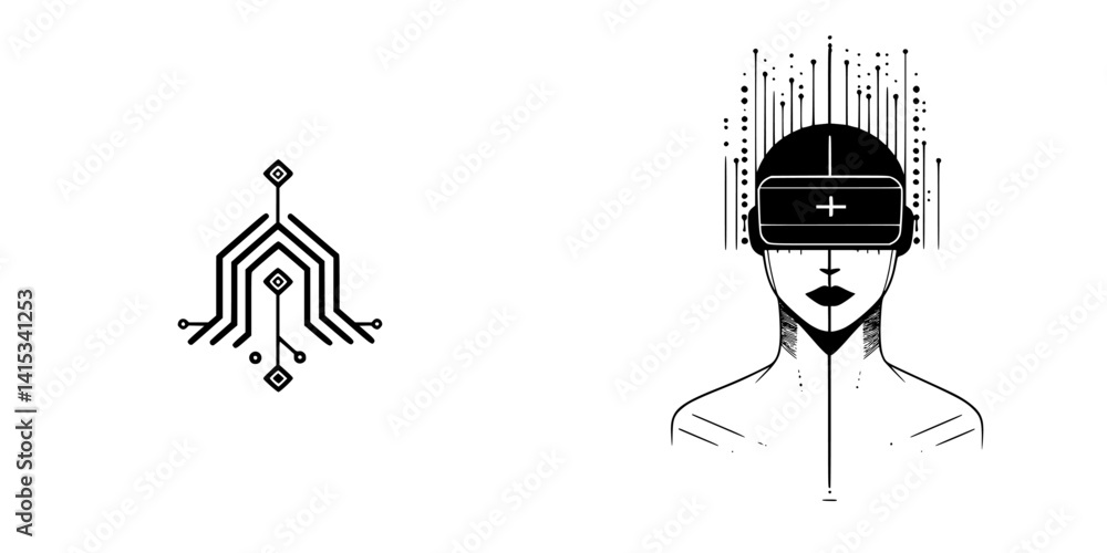 Poster Vector illustration of a digital circuit design and a virtual reality user interacting with technology in a modern setting