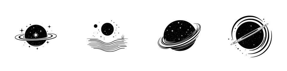 Vector illustration of planets and celestial elements showcasing diverse designs in a minimalist style