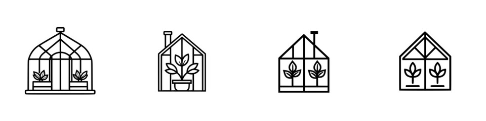Vector illustration of minimalist greenhouse icons showcasing different designs and plant arrangements ideal for gardening themes