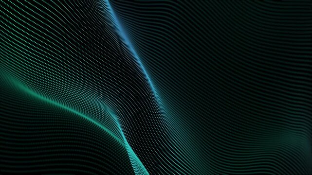 Screensaver. Motion graphic digital particle wave flow, cyberspace abstract background. Artificial intelligence concept. Seamless loop video. Animation backdrop for award, music, presentation, events.