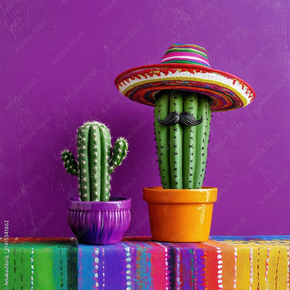 Fototapete a cheerful cactus wearing a colorful sombrero and mustache sits proudly on a vibrant multicolored ta