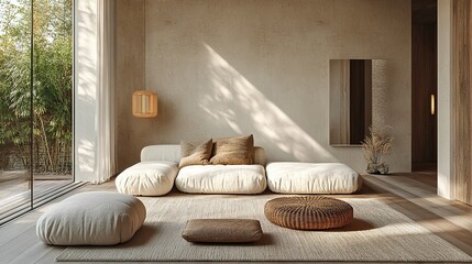 Minimalist Living Room with Natural Materials and Soft Lighting, Featuring Warm and Inviting Home Decor --