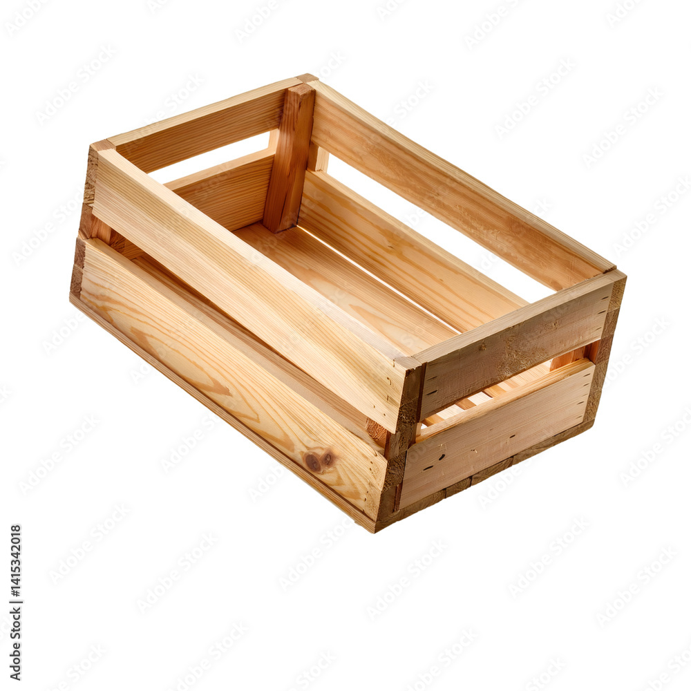 Poster empty wooden crate with visible grain texture, isolated on transparent background with cut out path