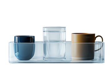 A serene image of a blue mug a stacked glass of water and a beige mug nestled in a clear acrylic tray minimalist still life clean lines on transparent background