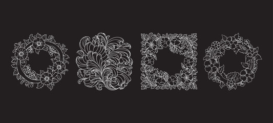 Khokhloma Floral Frame Set – Traditional Russian Folk Art Decorative Border in White Line on Black Background