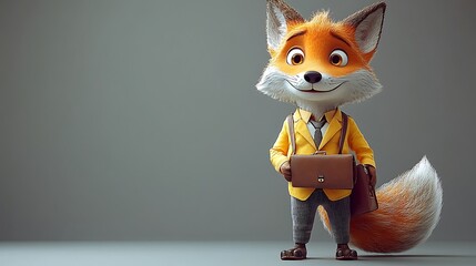 A voxel-style anthropomorphic fox in a yellow jacket and brown briefcase against a gray background.  The fox appears friendly and businesslike