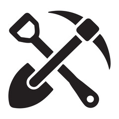 Shovel and pickaxe icon. Vector Black silhouettes icon isolated on white background. Shovel and pick axe. Simple icon. Web site page and mobile app design element.