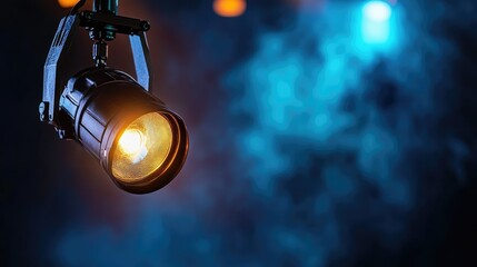 Bright stage light with Fresnel glass lens, halogen bulb, moody dark backdrop