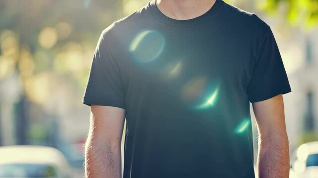 Different lens flare effects are added to a man wearing a black t shirt, creating a mockup suitable for design and showcasing various visual styles
