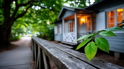 A close-up view of a classic wooden porch of an American house, surrounded by lush greenery and warm evening light.