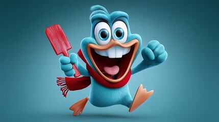 Joyful blue cartoon bird character with a red scarf and spatula, against a teal background. Digitally rendered, 3D style