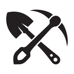 Shovel and pickaxe icon. Vector Black silhouettes icon isolated on white background. Shovel and pick axe. Simple icon. Web site page and mobile app design element.